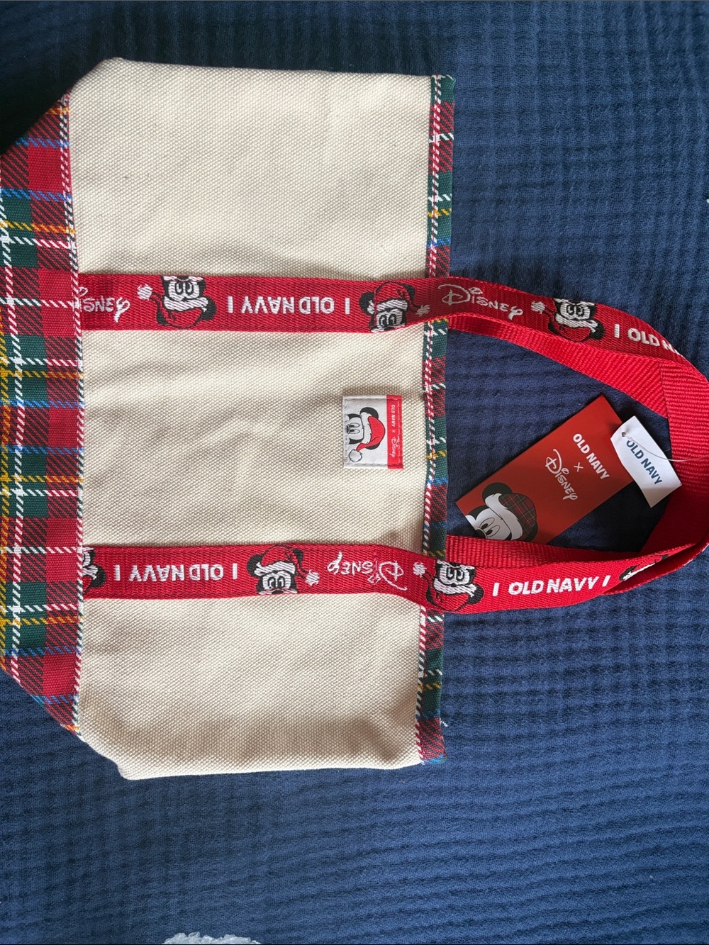 Old Navy Cream Canvas Tote with Red Mickey Strap and Plaid Trim
